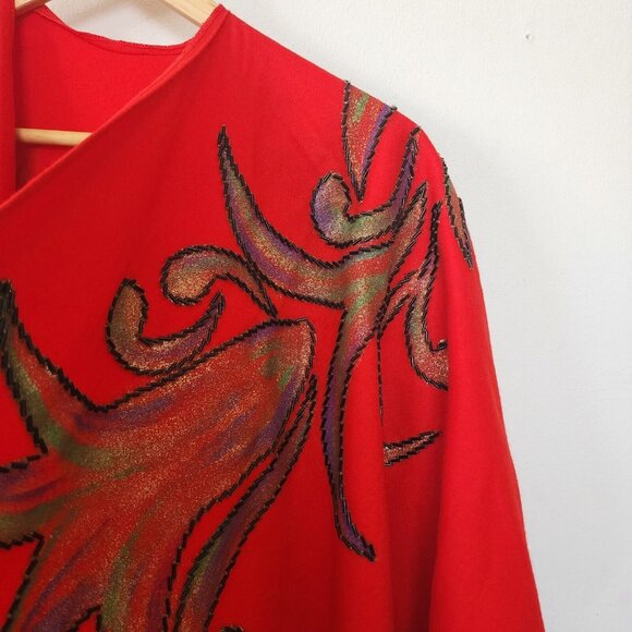 Vintage Handmade Wool Red Beaded Poncho Shawl Long Flowy Geometric Floral - Picture 3 of 13